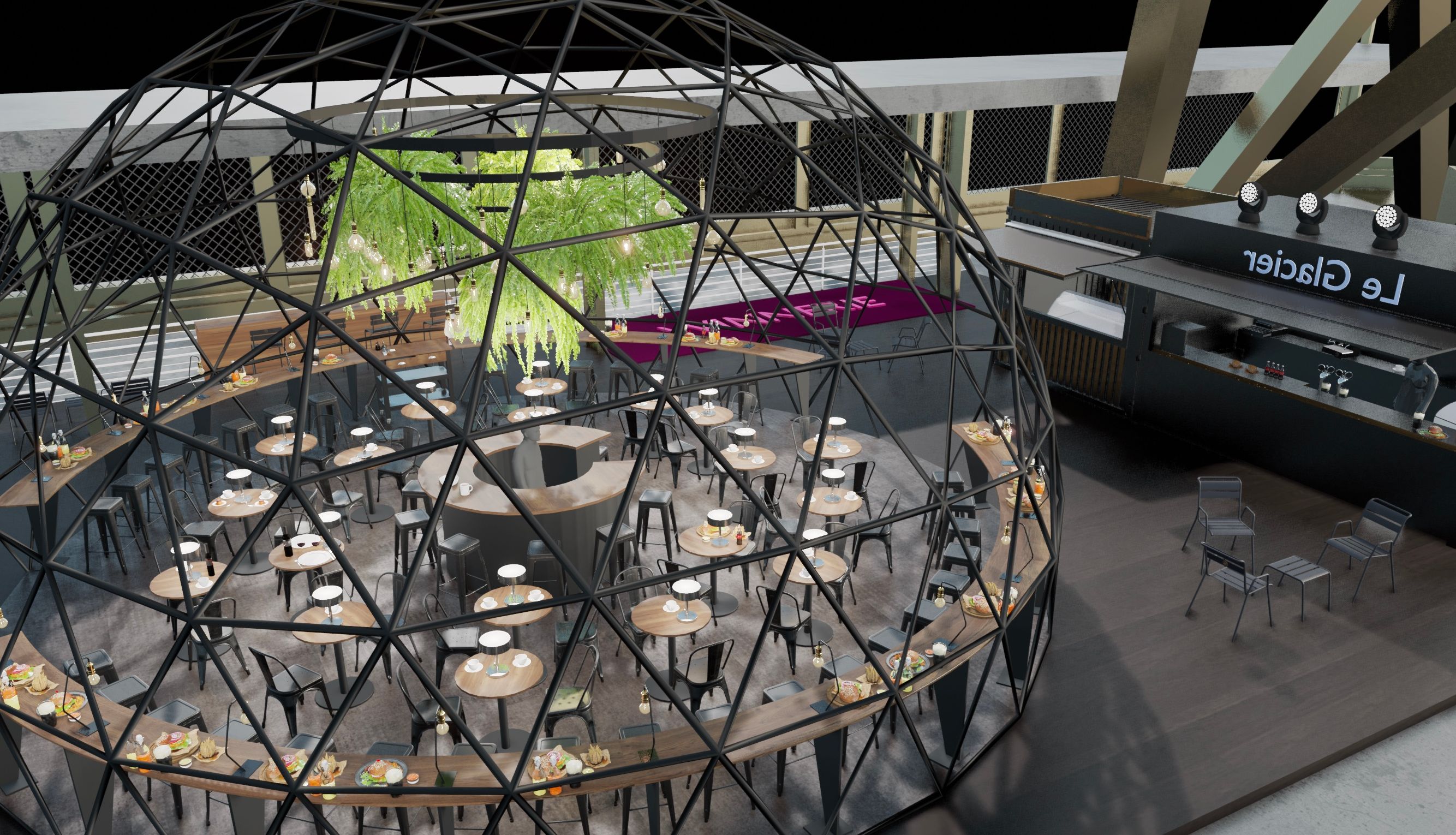 Die Terrasse im ersten Stock des Eiffelturms von oben gesehen